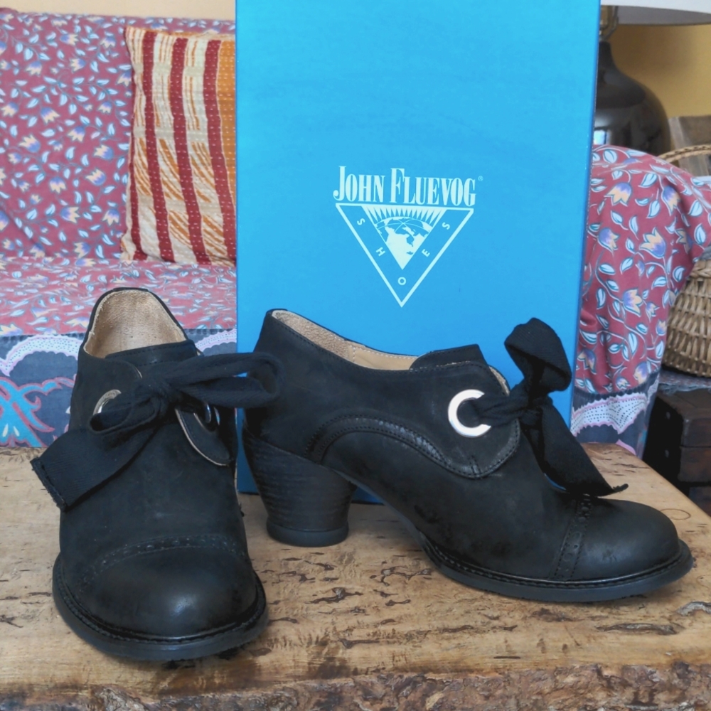 John Fluevog Black Suede Lace-Up Heels